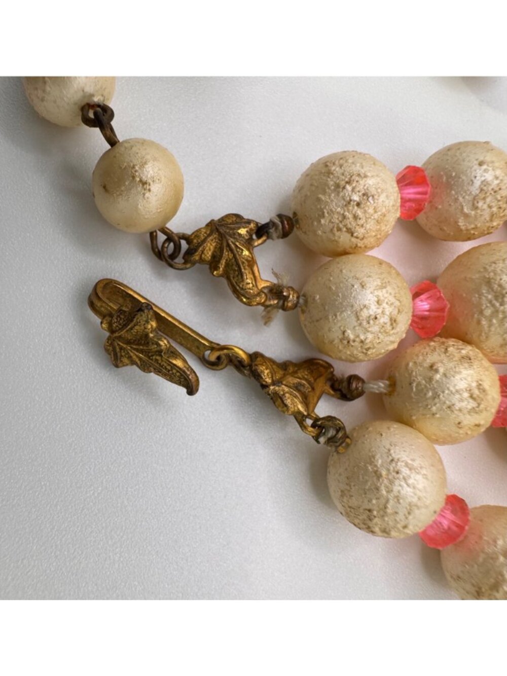 Vintage Paper Mache Bead Necklace Double Strand Artisan Leaf Clasp Chunky - Picture 11 of 16